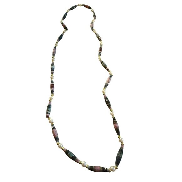Handmade Rolled Paper Bead Necklace With Faux Pearls & Gold Accents 28" Long - Picture 1 of 2